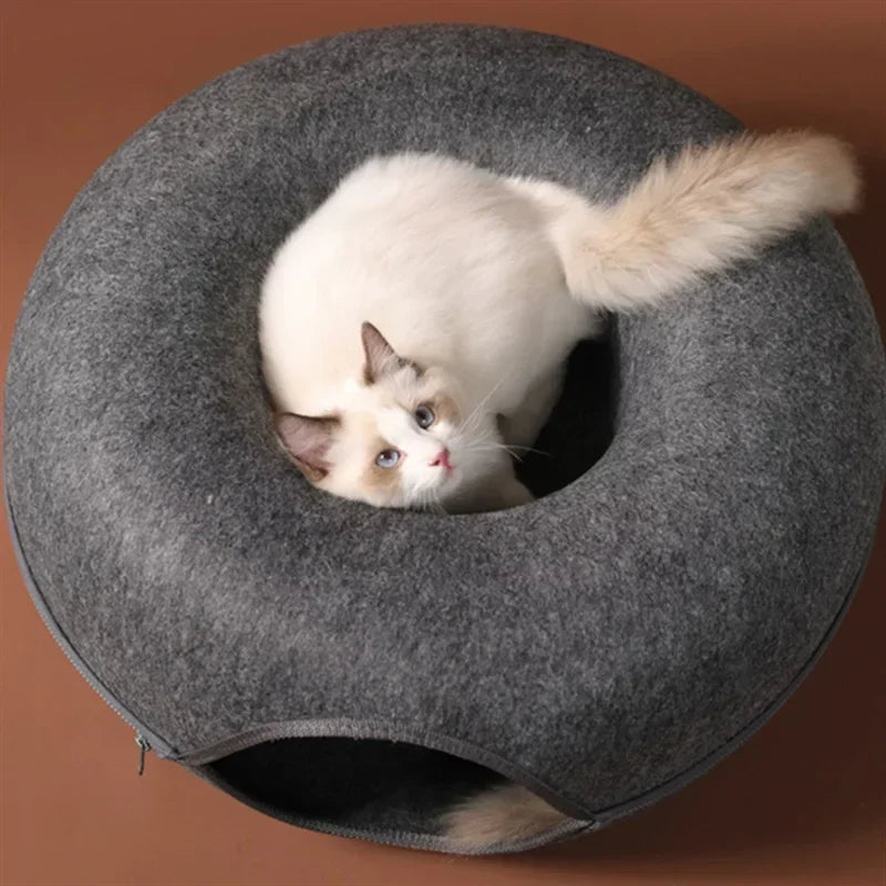 Felt Donut Cat Bed – 2-in-1 Tunnel & Hideout with Breather Hole