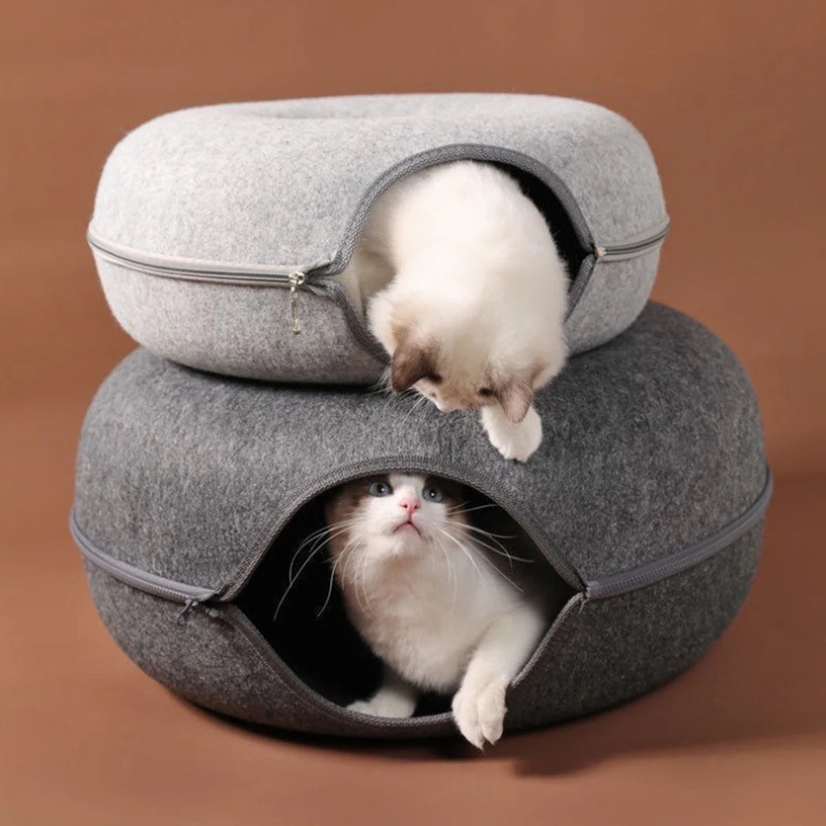Felt Donut Cat Bed – 2-in-1 Tunnel & Hideout with Breather Hole
