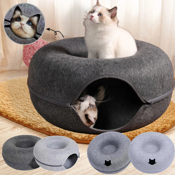 Felt Donut Cat Bed – 2-in-1 Tunnel & Hideout with Breather Hole