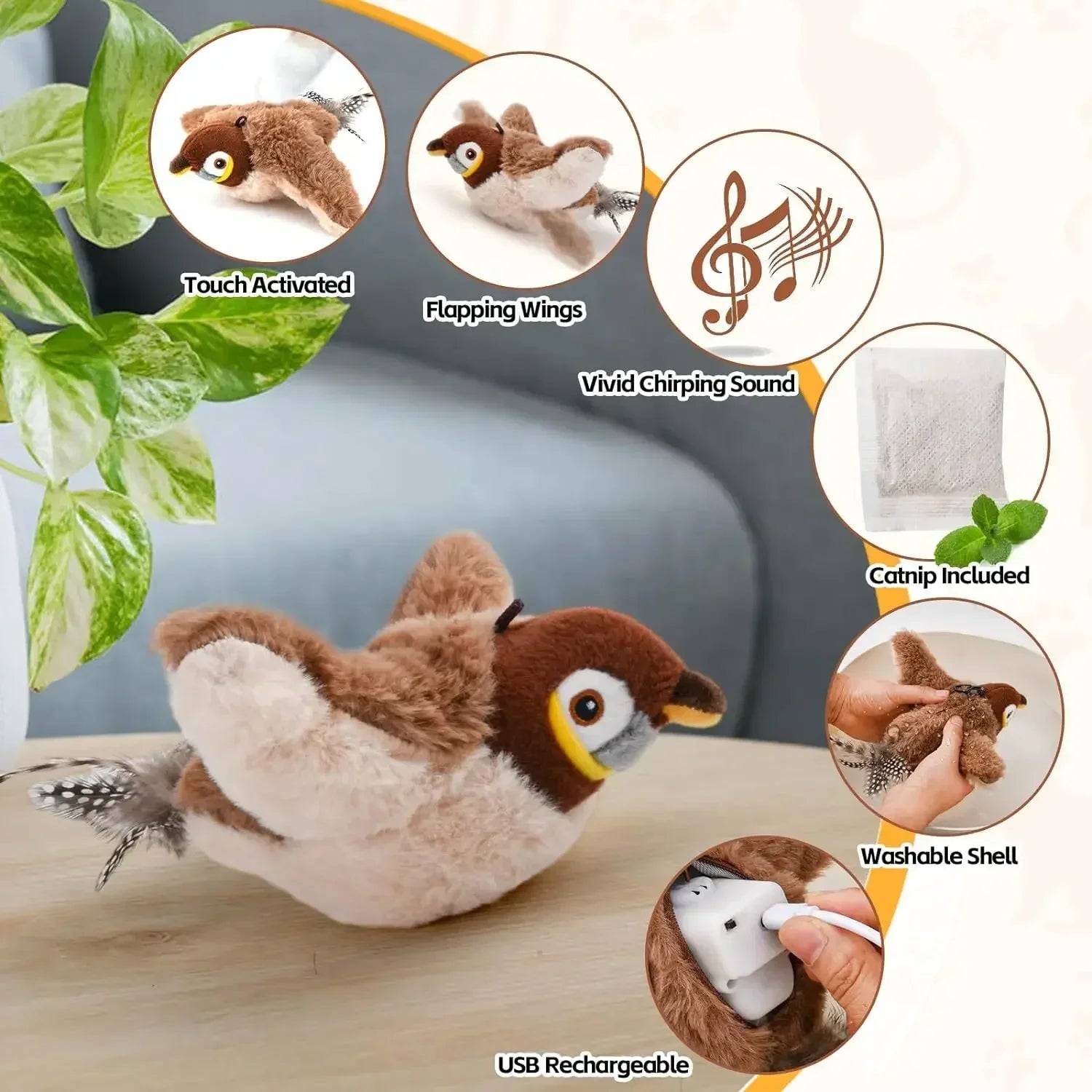 Electric Catnip Bird Toy – Touch-Activated Plush for Cats & Dogs