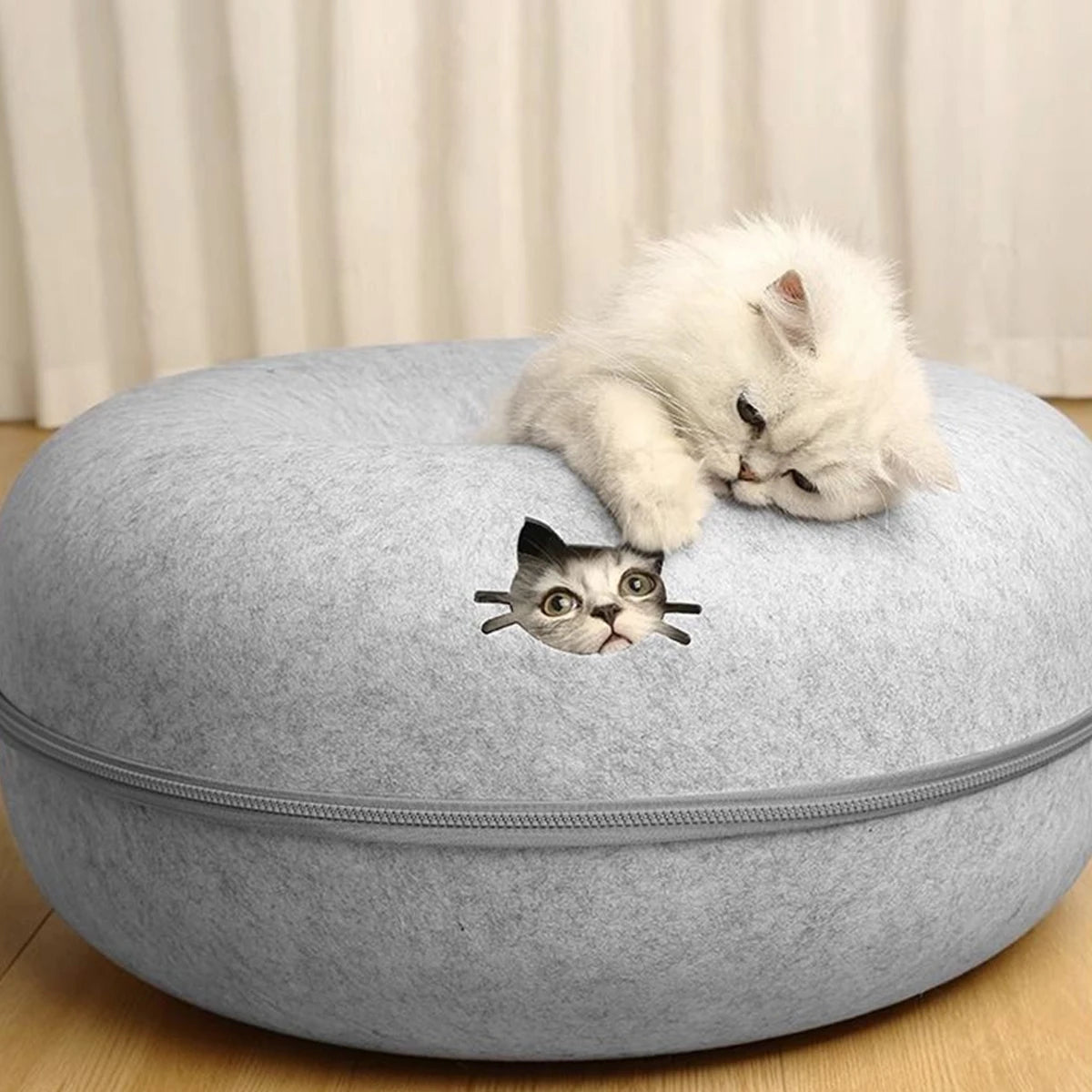 Felt Donut Cat Bed – 2-in-1 Tunnel & Hideout with Breather Hole